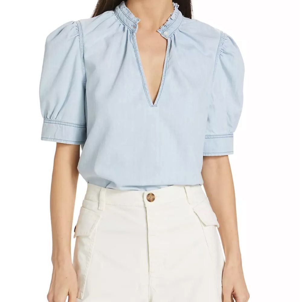 Frame Denim Light Blue Puff Sleeve Chambray Top